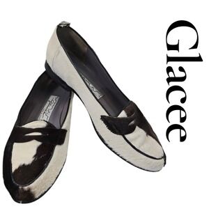 Glacee Loafers 8.5 Brown Cream Pony Hair Cow Print Penny Flats Vintage Spain‎